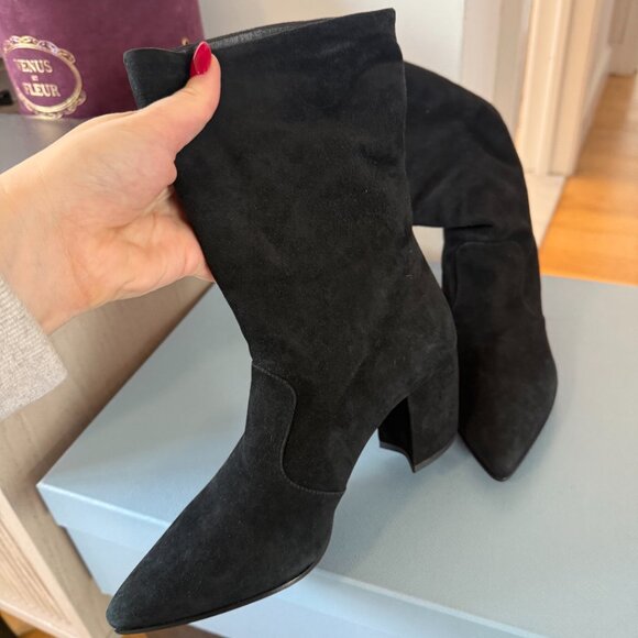 NWt Prada Mid Calf Boots Black Suede Leather Pointed Toes Block Heels Sz 35 - Picture 6 of 10